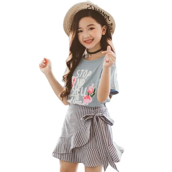 

Summer Girls Clothes Set Floral Shirt+Striped Bow Skirt 2 Pcs Casual Set For Girls Teenage Winter Clothing For Girl 6 8 12 Years