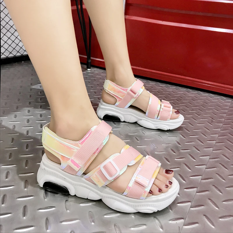 

2020 Women Chunky Platform Sandals Wedge Designers Woman Block Heel Casual Shoes Green Pink Brand Fashion Gladiator Sandal Beach