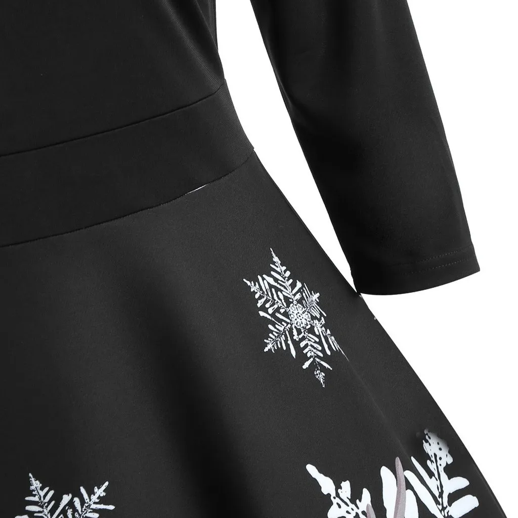 Рождественские платья, женское винтажное платье с рисунком снеговика и лося, пин-ап, элегантное вечернее платье, Повседневное платье с длинными рукавами, большие размеры, с принтом черного цвета