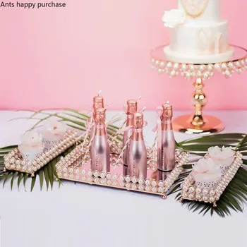 

European Rectangular Tray Wedding Dessert Table Decoration Cake Plate Pearl Mirror Cake Stand Cosmetic Jewelry Storage Tray
