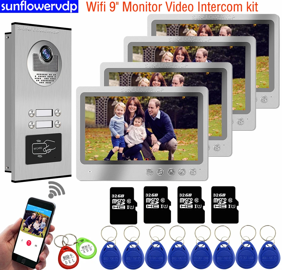 

9 inchs Wifi Door Station Intercom + 32GB video intercom With Recording For 3-6 Apartments Home Intercom Video Call With Monitor