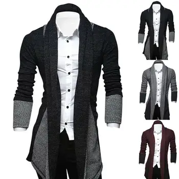 

Men Long Sleeve Color Blocks Patchwork Knitted Loose Plus Size Long Coat Cardigan Suitable for work travel
