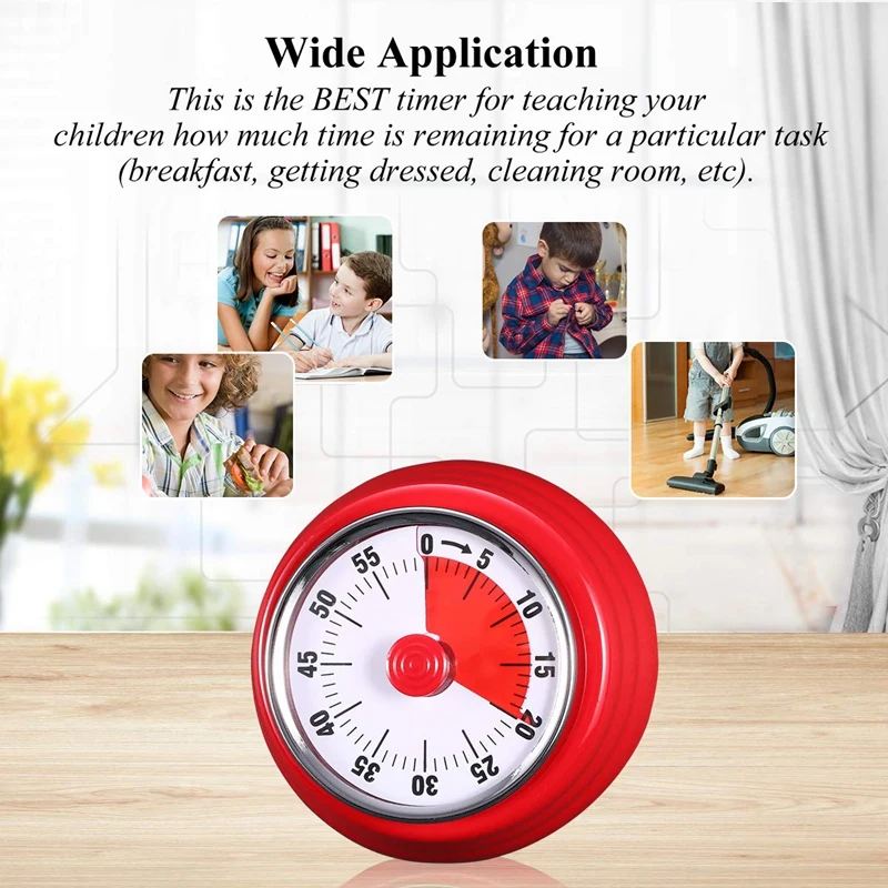 60 Minutes Mechanical Timer-Magnetic Visual Countdown Timer with Alarm for Kitchen Cooking Baking Sports Kids(Red