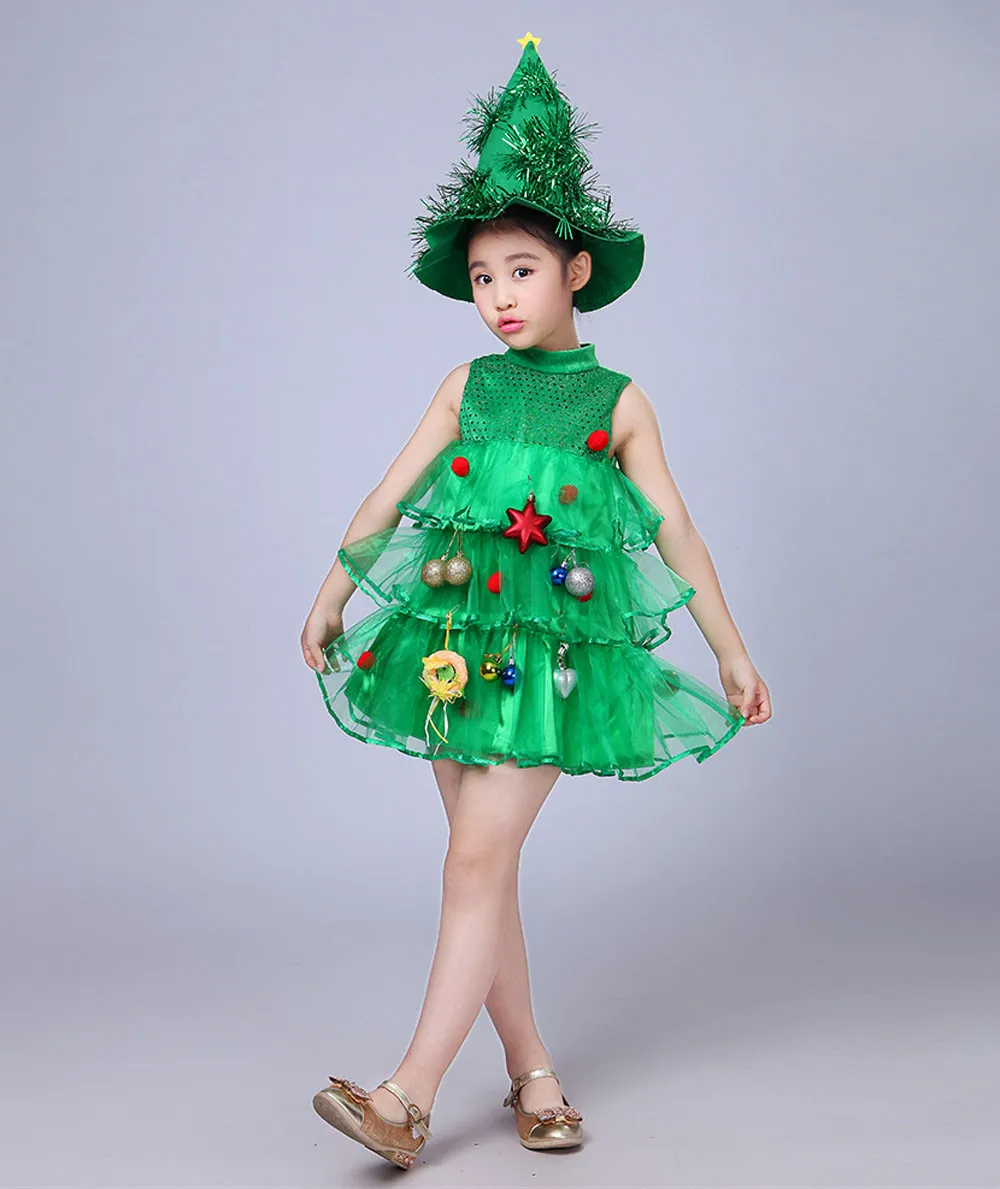Рождественские вечерние платья для девочек, детская Рождественская елка для костюма, платье, вечерние топы, жилет+ шляпа, наряды, vestido infantil
