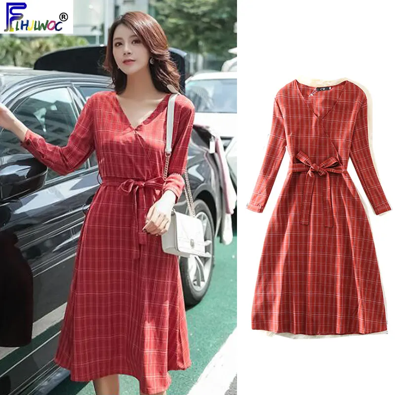 

Temperament Dresses Long Womens Cute Bow Ribbon Tie Elegant Korea Design Office Lady Blue Red Plaid Shirt Dress Vintage 8211