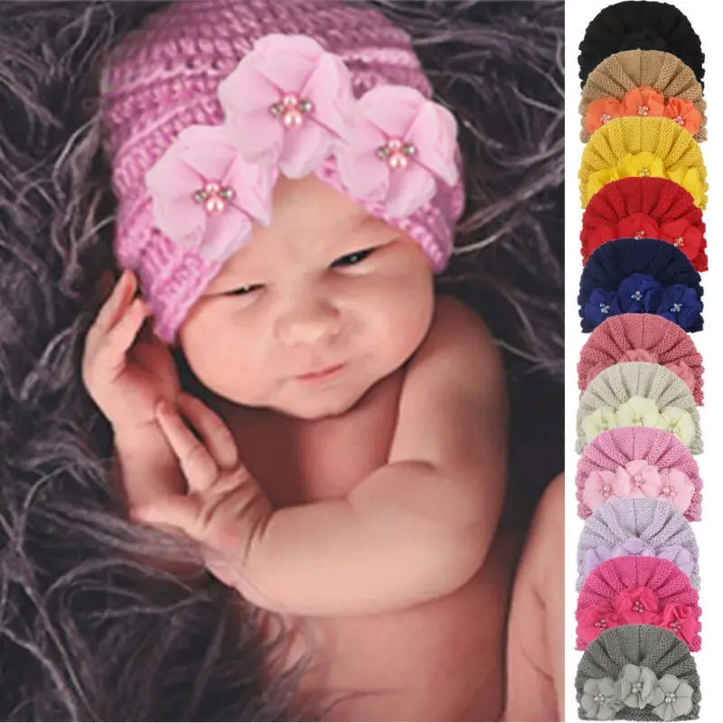 Милая хлопковая вязаная шапка-тюрбан для новорожденных мальчиков и девочек, перламутровая шапка с тремя цветами, зимняя теплая шапка, однотонная От 0 до 4 лет