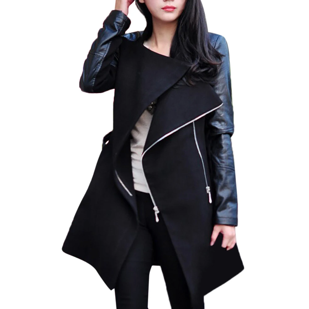 Jaycosin Winter Coats Women Autumn Fashion Zipper Leather Patchwork Sexy V Neck  Solid Casual Slim Overcoats Female Outer