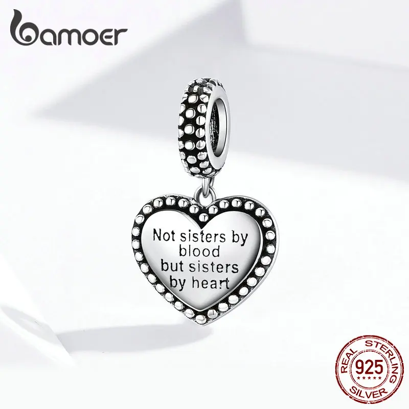 Bamoer 925 пробы Серебряный кулон с гравировкой в виде сердца для женщин браслет "не сестра по крови, а сестра по сердцу" SCC1396