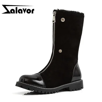 

ZALAVOR 2020 Genuine Leather Women Winter Mid Calf Boots Zipper Warm Flats Sexy Shoes Woman Fashion Brand Botas Size 34-41