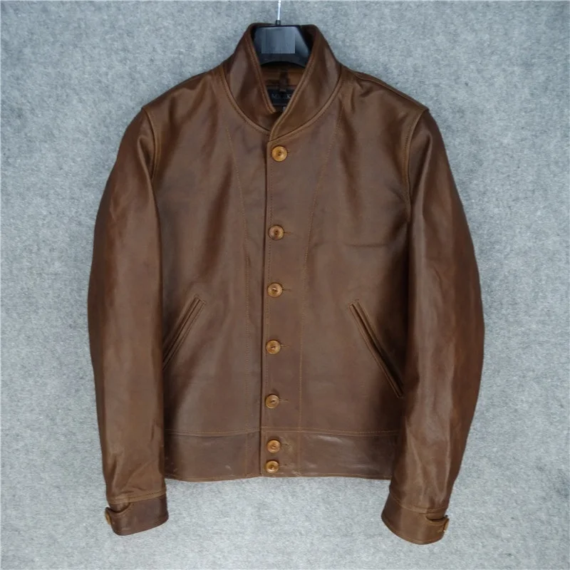 

Free Shipping,Classic Cossack mens genuine jacket,Einstein brown short style cowhide jacket.vintage slim leather coat,.