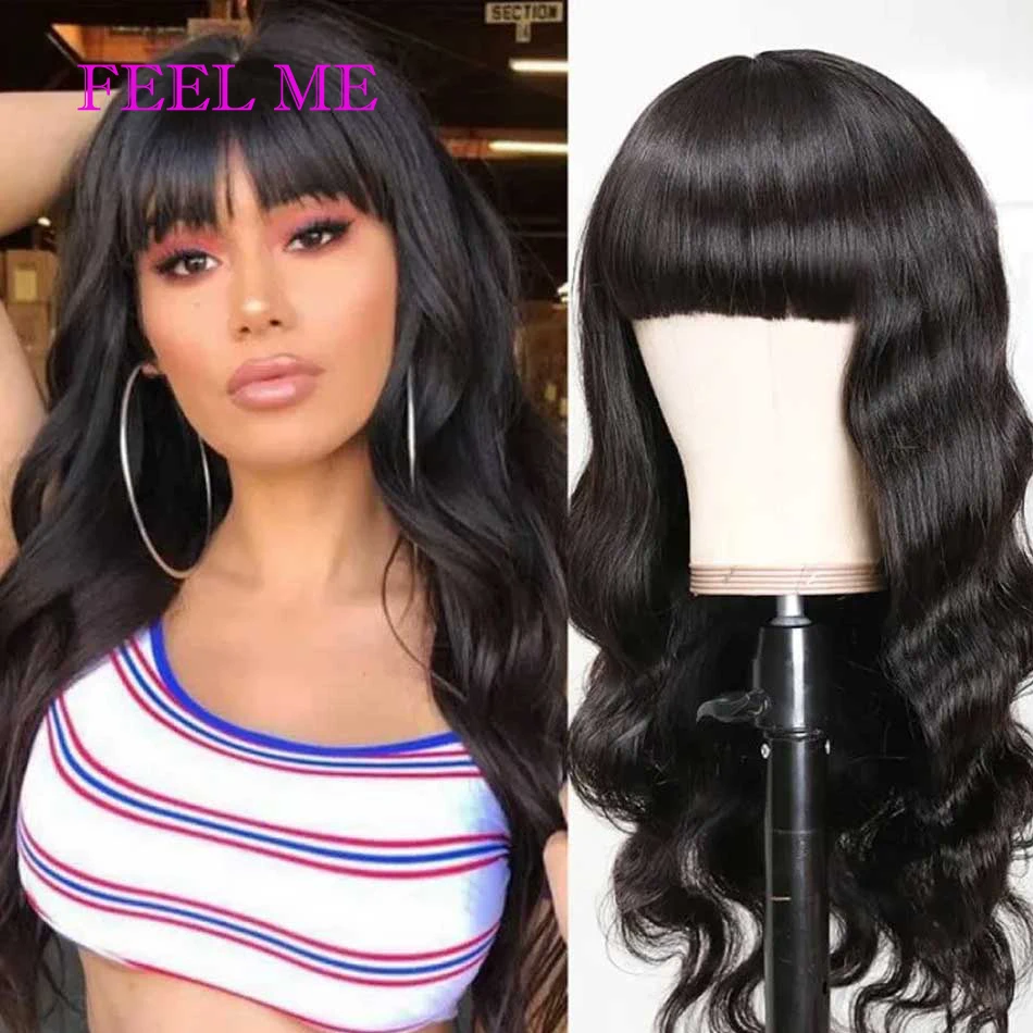 Feelme Human Hair Wigs With Bangs For Black Women Natural Hair Wigs Brazilian Body Wave Hair