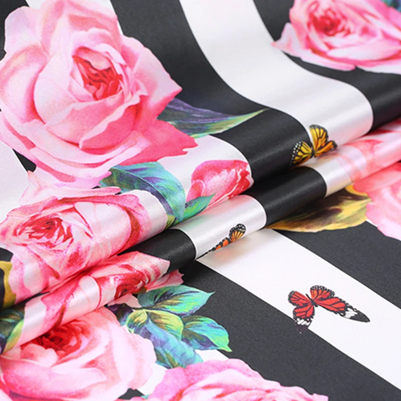 Специальный 11,11 шириной 105 см 94% шелк и 6% спандекс полосатый цветок розы шелковый атлас Ткань Бабочка 19 момме высокое качество