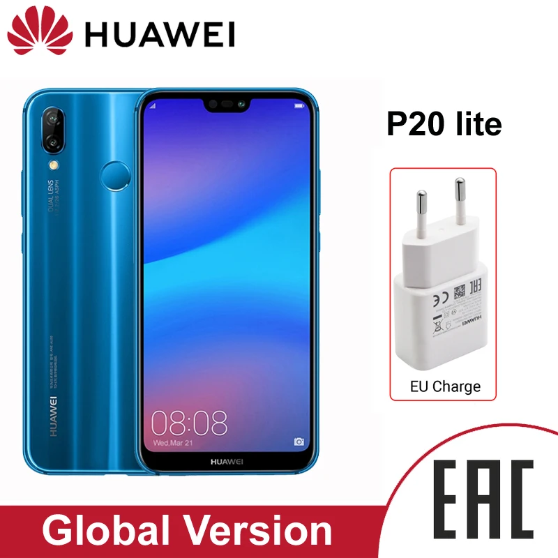 HUAWEI P20 Lite 4Гб 64Гб Смартфон NFC Русская версия 3000 мАч телефон Двойная основная камера 24 МП Безрамочный экран HUAWEI Ultra FullView 5.84 дюйма