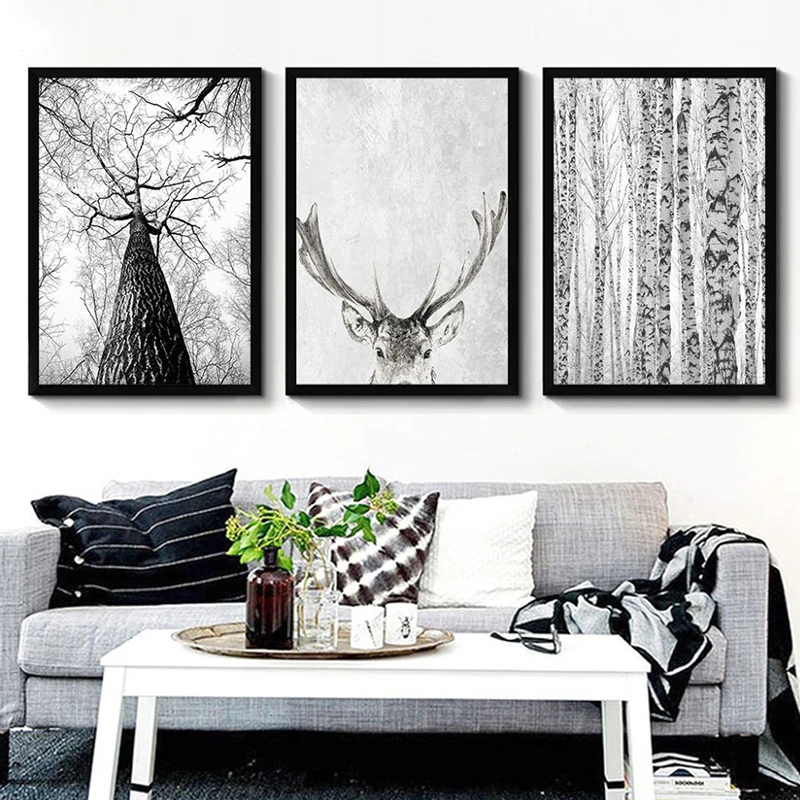 Скандинавский лес олень Орел черный белый пейзаж холст плакат Северная Настенная картина принт минималистическая живопись гостиная картина