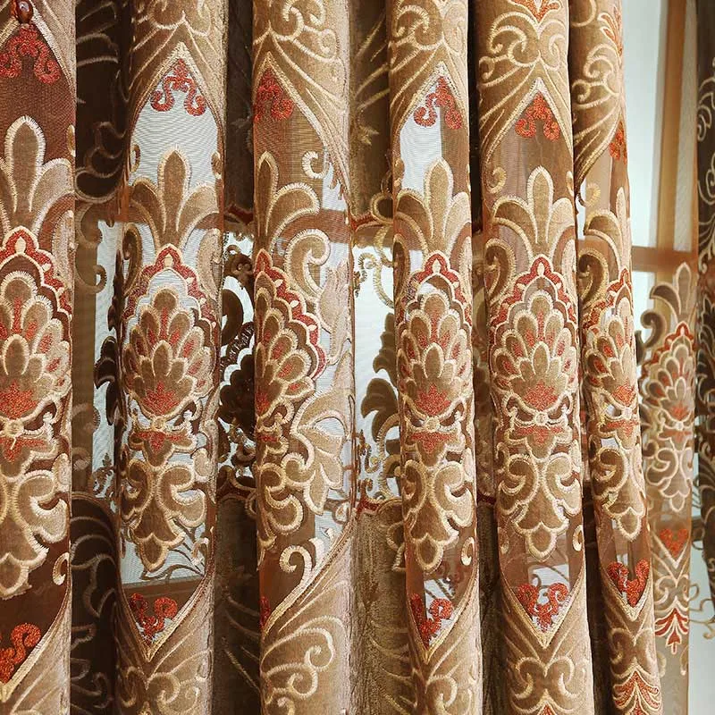 Европейские роскошные шторы с вышивкой тюль для гостиной Коричневые Шторы для виллы полузатемнение оконные шторы WP320-40