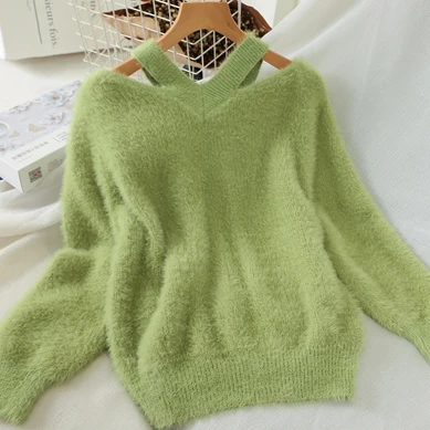 off shoulder sweater Свитер большого размера с открытыми плечами, меховой пушистый норковый кашемировый свитер, женский джемпер в Корейском стиле, женский свитер, зимние свитера, пуловер розового цвета - Цвет: off shoulder sweater