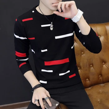 

Male 2020 Autumn Winter Round Neck Sweater Men's Long Sleeve Thin Striped Knit Sweaters Man Slim Bottoming Shirt 030
