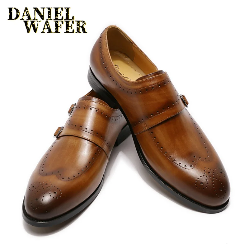 Luxury Men Loafers Shoes Brogue Wing tip Monk Strap Slip On Brown Black Formal Man Dress Office Wedding Casual Leather | Обувь
