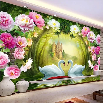 

PVC Wallpaper 3D Beautiful Flowers Forest Swan Lake Fresco Living Room TV Bedroom Decor Self-Adhesive Waterproof Wall Sticker 3D