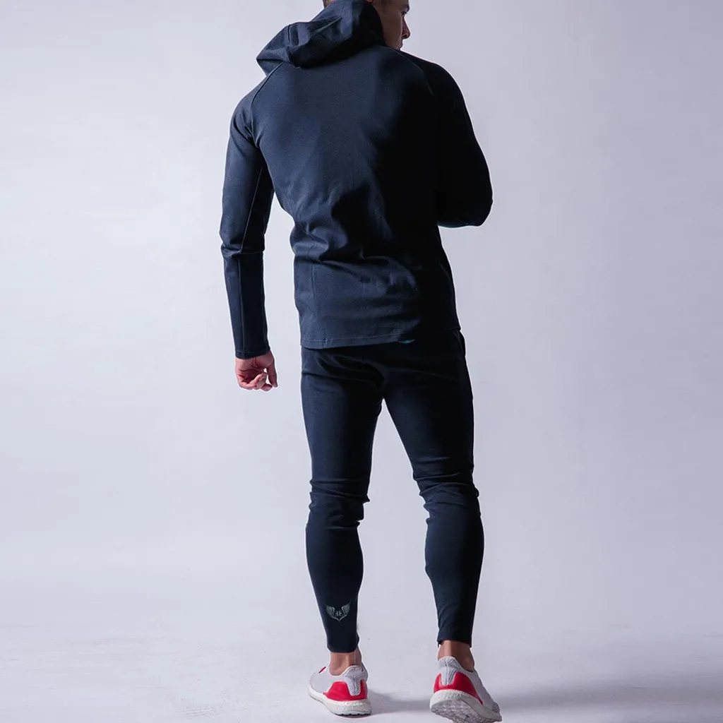 Running Sets Men Sport Suits Sportswear Set Polyester Fitness Training Gym Cycling Tracksuit Zip Pocket Jogging Suit#D