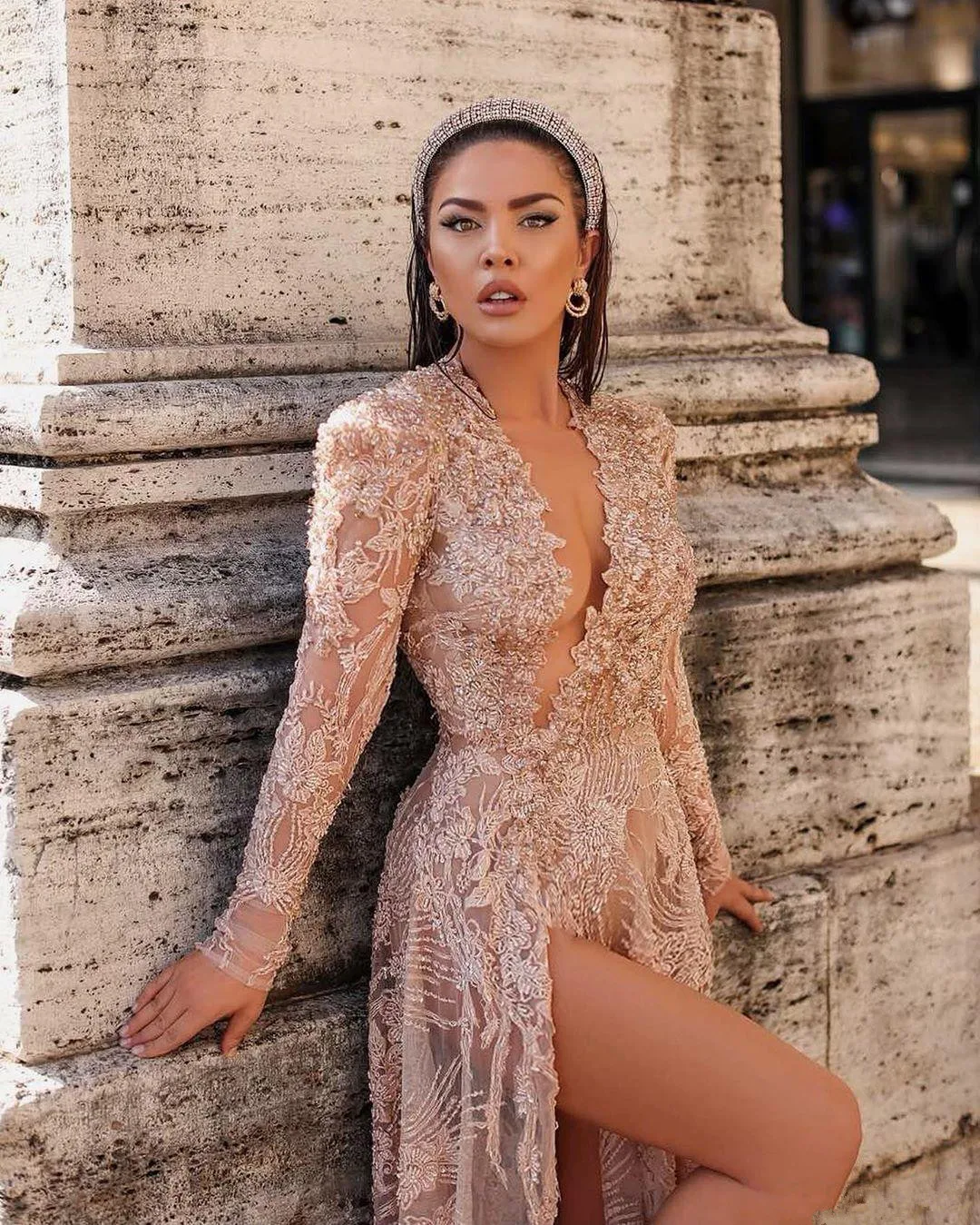 Арабское Aso Ebi вечернее платье цвета шампанского с длинным рукавом и кружевным бисером с Боковым Разрезом, Сексуальные вечерние платья для выпускного вечера