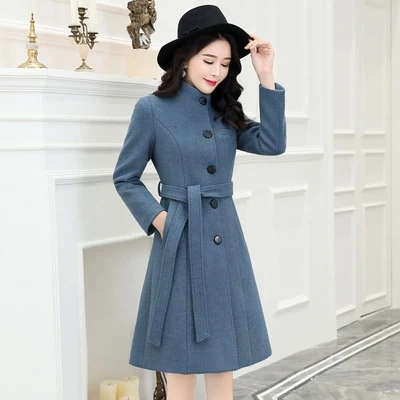 High-end Slim Long Wool Coat Autumn Winter New Korean Wool Jacket Ladies Fashion Woolen Overcoat Women Elegant Outerwear - Цвет: Blue