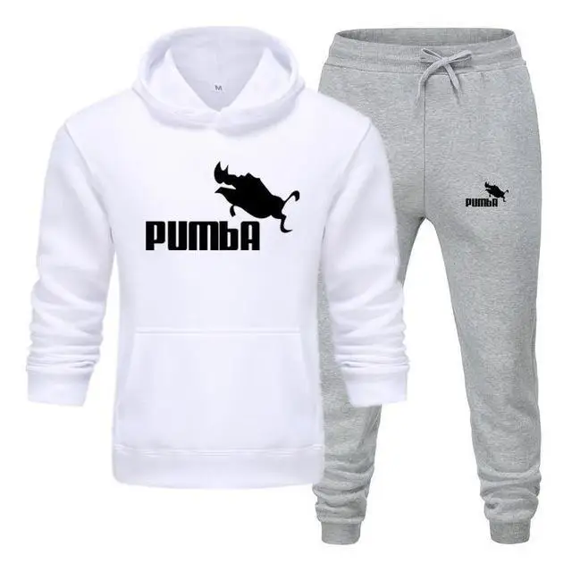 Брендовый спортивный костюм Pumba, Мужские Термо спортивные комплекты, флисовая плотная толстовка с капюшоном+ штаны, спортивный костюм, повседневные толстовки, спортивный костюм - Цвет: white-grey-H