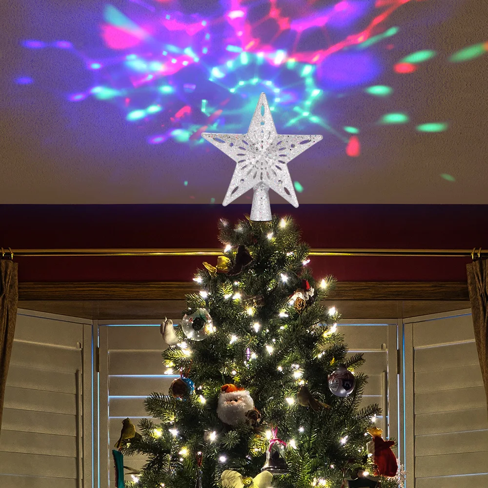Proyector LED de Copo de Nieve Giratorio Efecto Luces COOLWUFAN Topper de árbol de Navidad Dorado para Decoraciones de Árboles de Navidad