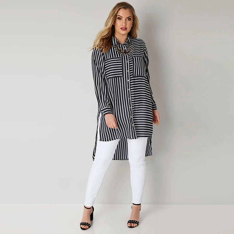 

2019 KISSMILK European American Plus-size Blue And White Stripes Slim Front Short Back Long Irregular Turn-down Collar Blouse