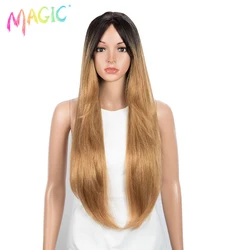 Magic Straight Wig with Bangs 32Inch Long Straight Synthetic Wigs For Black Women Heat Resistant Ombre Blonde Wigs Cosplay Hair