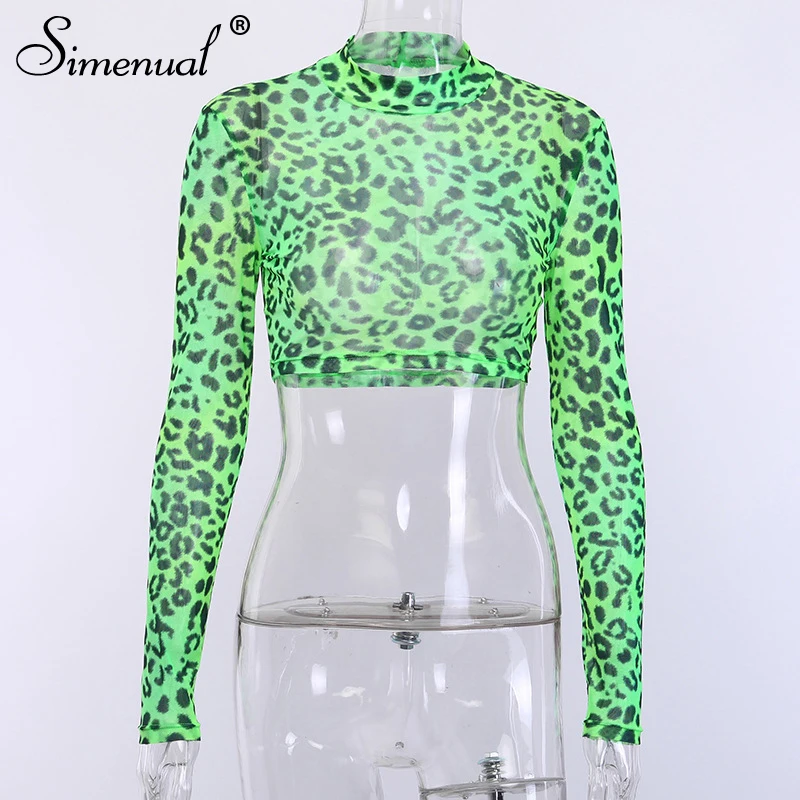green Simenual, Леопардовый сексуальный сетчатый женский короткий топ с длинным рукавом, прозрачный модный футболки, Осенние Популярные базовые зеленые обтягивающие Топы - Цвет: green