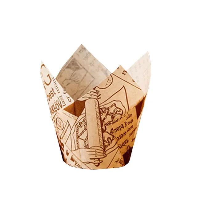 50pcs Newspaper Style Cupcake Liner Baking Cup For Wedding Party Caissettes Tulip Muffin Cupcake Paper Cup Oilproof Cake Wrapper B07