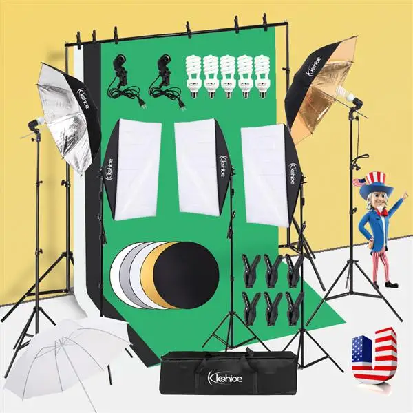 

Professional Photography Lighting Equipment Kit Softbox Soft Umbrella Background Stand Light Bulbs Photo Studio Reflector Sets