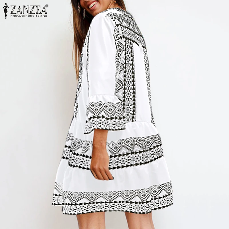 ZANZEA женское мини платье короткое Vestidos богемное летнее платье с принтом 3/4 рукав винтажное лоскутное одеяло Femme плюс размер