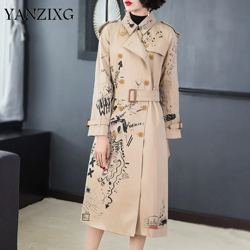 

2019 Autumn New High Quality Casual Fashion Women Loose Plus Printing Double-breasted Lapel Trench Coat Z515