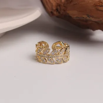 Korean hot fashion jewelry exquisite copper inlaid zircon leaf wheat ear ring elegant women wedding prom opening adjustable ring