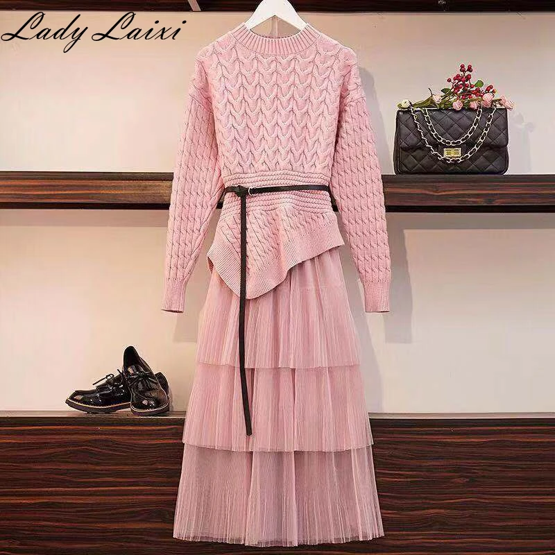 

2019 Autumn Winter High quality Women 2 Piece Set Irregular Long Sleeve Twist Sweater Top+ Pleated Mesh Skirts