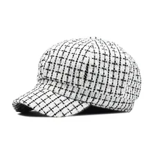 Клетчатая твидовая газетная Кепка с золотой металлической цепочкой восьмиугольная кепка берет Кепка Козырек таксистка кепка для женщин