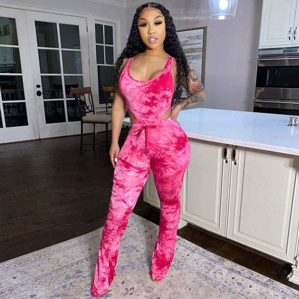 

2020 Summer Tie Dye Backless 2 Two Piece Sets Bodysuit Pants Clubwear Outfits Women Streetwear Sexy Fashion Clothes