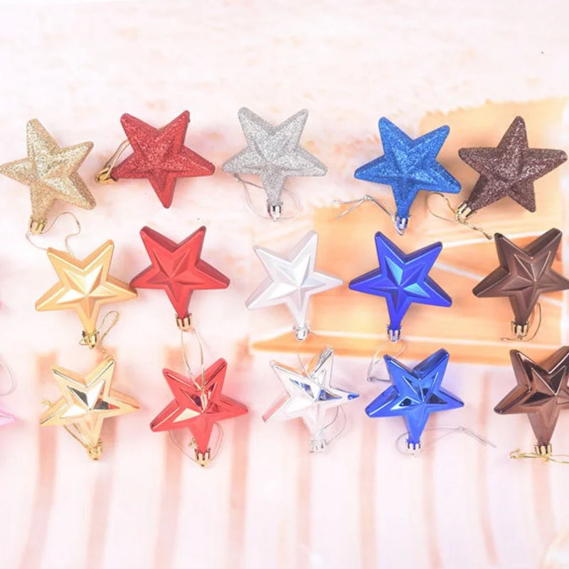 Set of 6 Five-Pointed Star Christmas Tree Hanging Ornaments - Festive Holiday Decorations