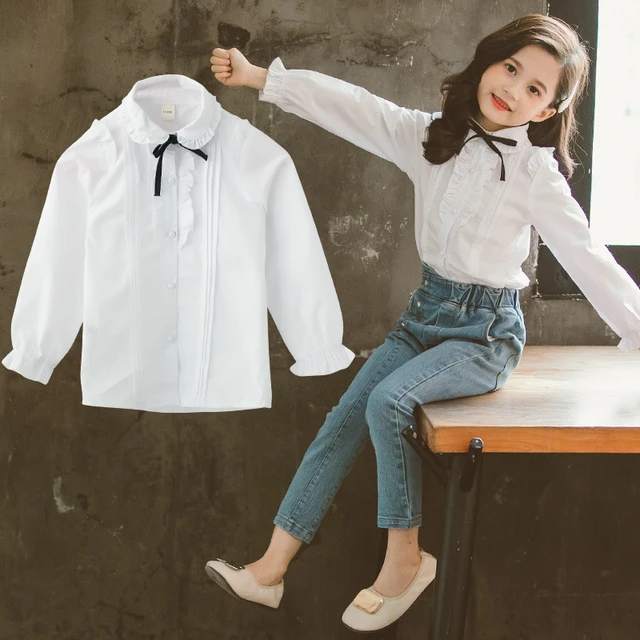 Blusa de algodón para camisa blanca con lazo inferior de princesa, camisas para adolescentes de 6, 10 y 12 años, Otoño, 2019 - AliExpress