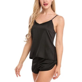 

2020 Hot Sale Women's Solid Sleeveless Spaghetti Strap Silk Sexy 2 Pcs Pajama Sets Satin Pajamas, Cami Shorts Set Nightwear