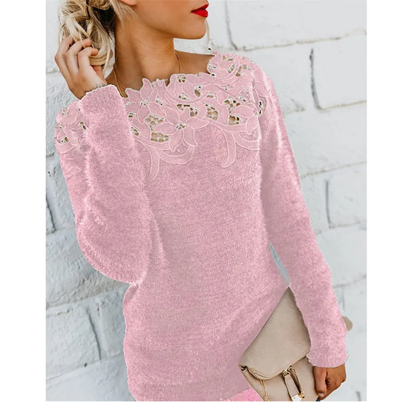 Женский кружевной свитер осень-зима, однотонная, с приметанными оборками, пуловер, элегантный джемпер с вырезом, зимняя одежда, женский свитер 5XL - Цвет: Розовый
