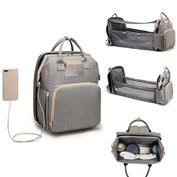 

Multifunctional USB Folding Crib Baby Diaper Bag Mommy Travel Shop Backpack Portable Nappy Organizer with Sunshade Cloth
