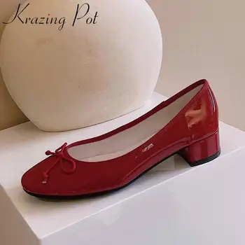 

Krazing pot 2020 new classic vintage genuine leather Mary Janes round toe med heels butterfly-knot shoes women summer pumps L59