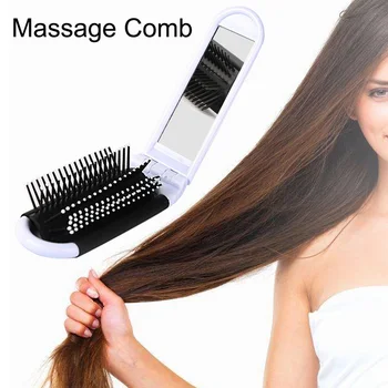 

Portable Travel Folding Hair Brush With Mirror Compact Pocket Size Comb-White