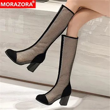 

MORAZORA 2020 new arrive knee high boots women square high heel mesh summer boots round toe zip sexy prom shoes woman