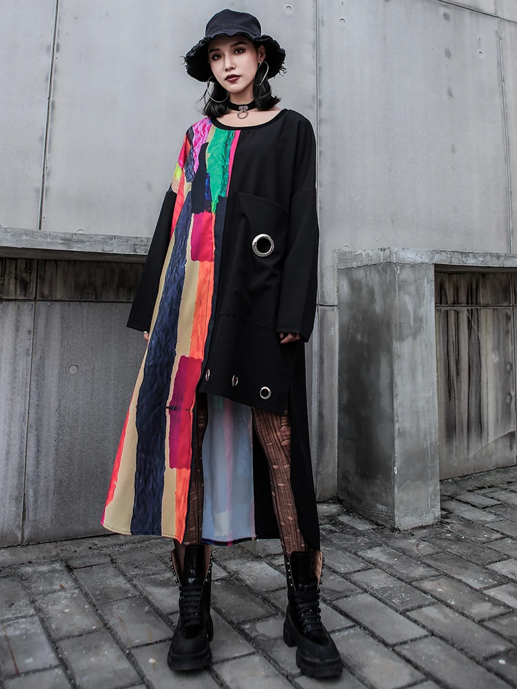 

[EWQ] 2019 Spring Autumn High Quality Round Long Sleeve Hit Colors Asymmetrical Patchwork Pullovers Vintage Dress Women AH28301