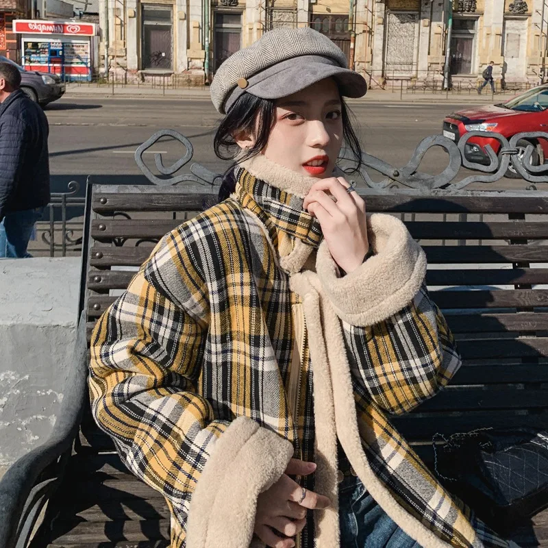 

Photo Shoot Main Push INS Literature And Art Yellow Pattern lan tu Fur Handsome Stand Collar Jackets Woolen Jacket Women's