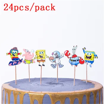 

24pcs Cartoon Spongebob Squarepants Cake Toppers Birthday Party Decoration Baby Shower Kids Favors Cupcake Topper Event Supplies